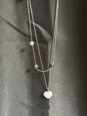 Layered Silver Necklace with White Heart Pendant